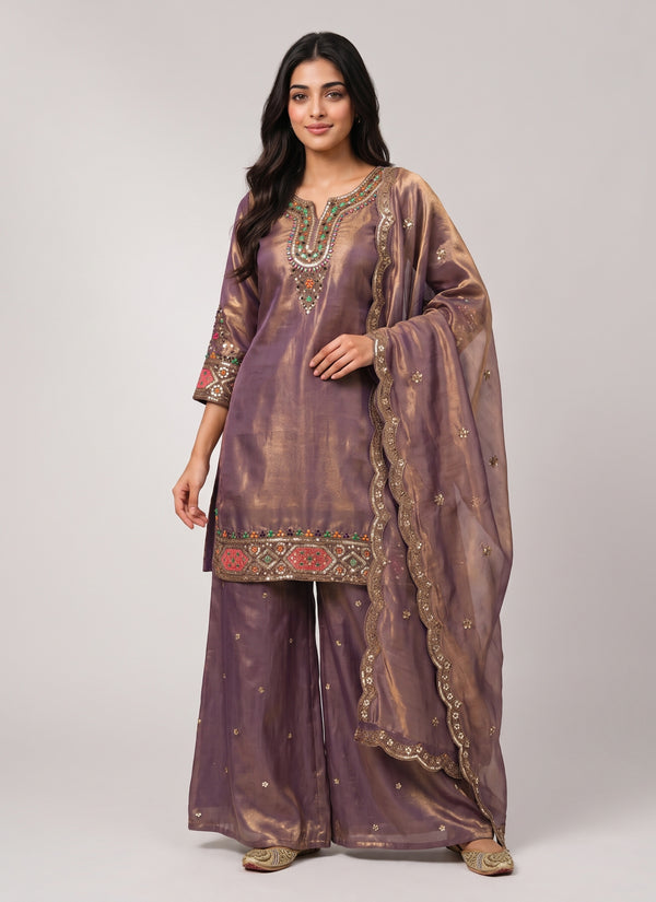Purple Fendy silk kurti palazzo set with stone handwork neckline, rounded embroidered hem, flared palazzo and sequin dupatta, front view