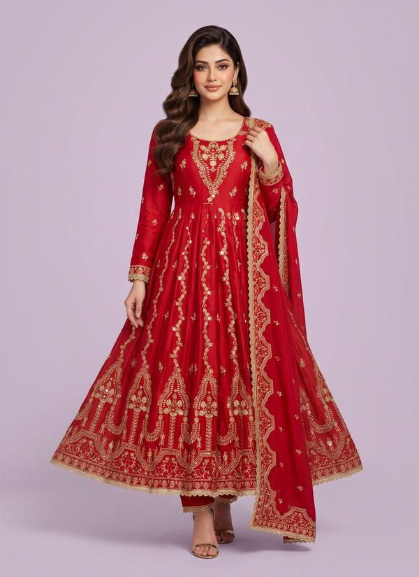 Red crepe anarkali suit with gold sequin embroidery and dupatta - front