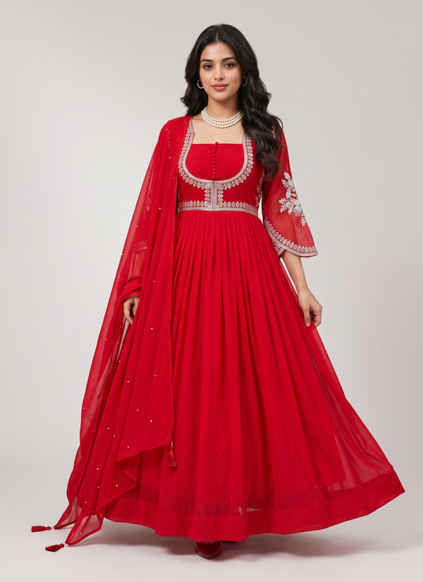 Red faux georgette anarkali suit with silver sequin square-U neckline, button placket, embroidered bell sleeves and pearl dupatta, front view