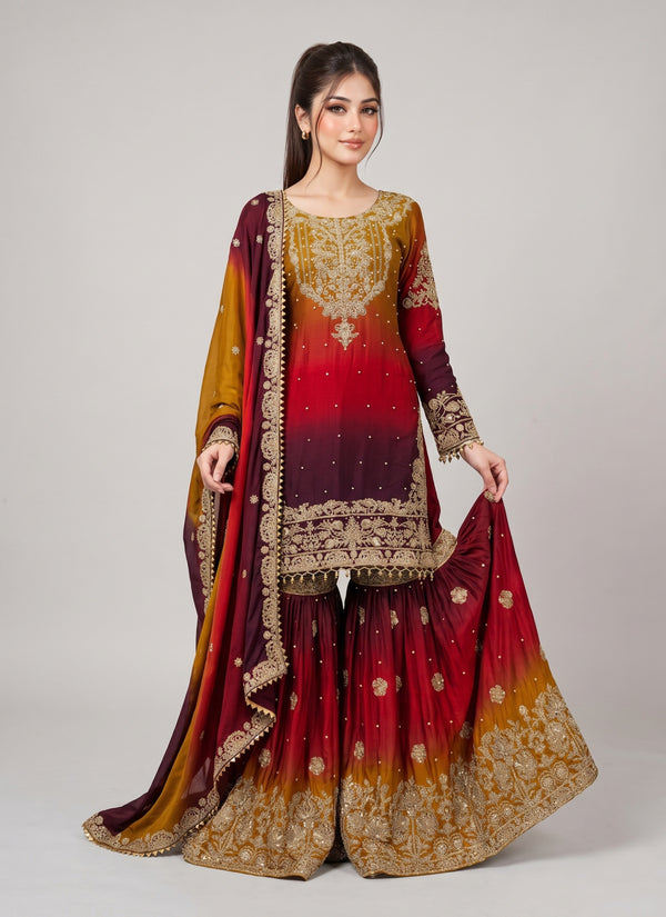Red Mustard shaded chinon sharara suit with gold embroidery and dupatta - front