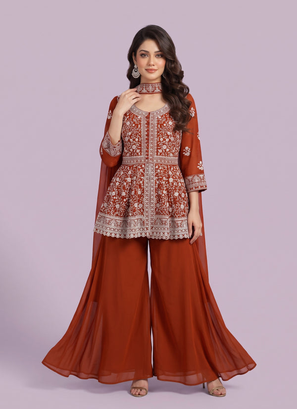 Rust Orange georgette peplum palazzo suit with white sequin embroidery and dupatta - front
