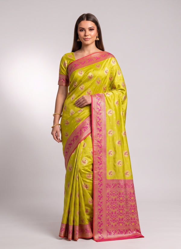 Lemon satin mashru saree with rani pink zari border – front view