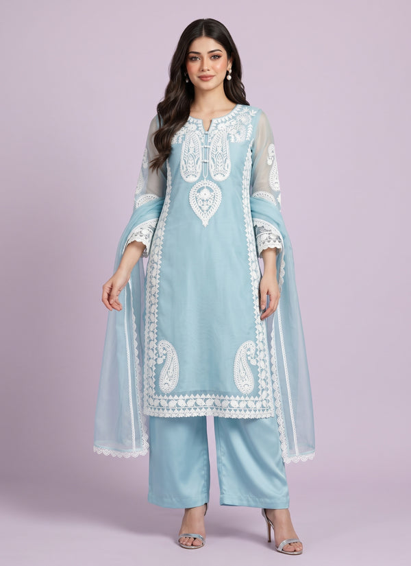 Sky Blue organza silk palazzo suit with white paisley embroidery and lace dupatta - front