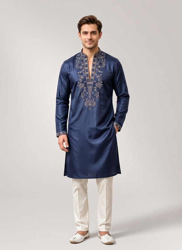 Navy Blue star silk kurta for men with embroidered yoke – front view