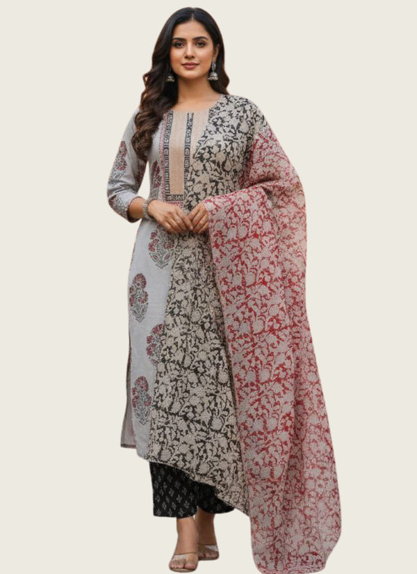 Cotton Block Printed Salwar Suit – Ash & Red Australia