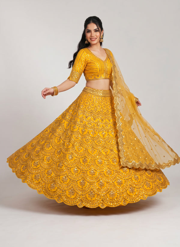 Diwali yellow sequin lehenga front view with half sleeve blouse and net dupatta
