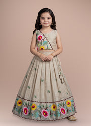 Diwali Floral Embroidered Lehenga for Girls – Crunchy Silk with Scalloped Flower Border 1