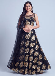 Diwali Black Net Lehenga Choli – Gold Sequin Floral Embroidery with Net Dupatta 1