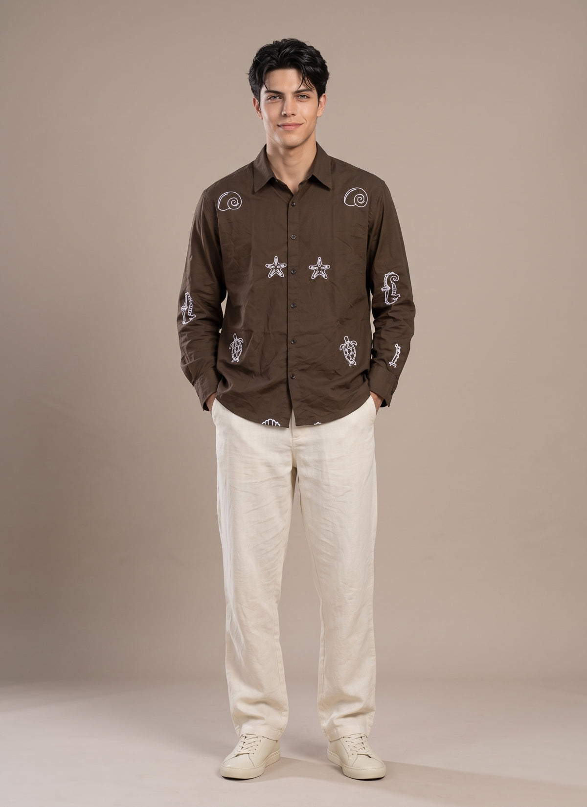 Brown Embroidered Shirt for Men – Cotton Full Sleeve with White Sea Motif Embroidery Australia