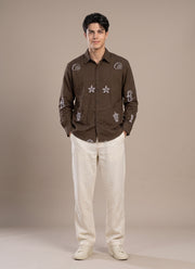 Brown Embroidered Shirt for Men – Cotton Full Sleeve with White Sea Motif Embroidery 1