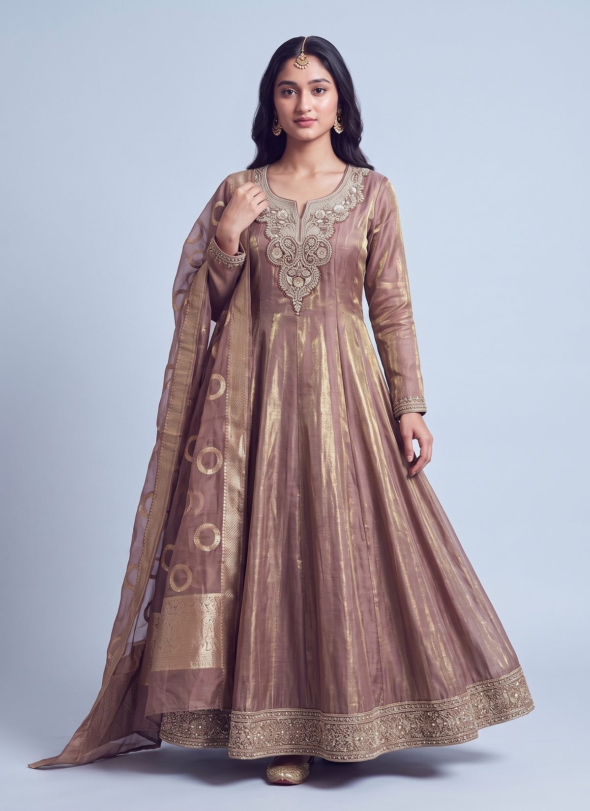 Diwali Tissue Anarkali Gown – NC Moss with Zardozi Yoke & Ring Motif Dupatta Australia