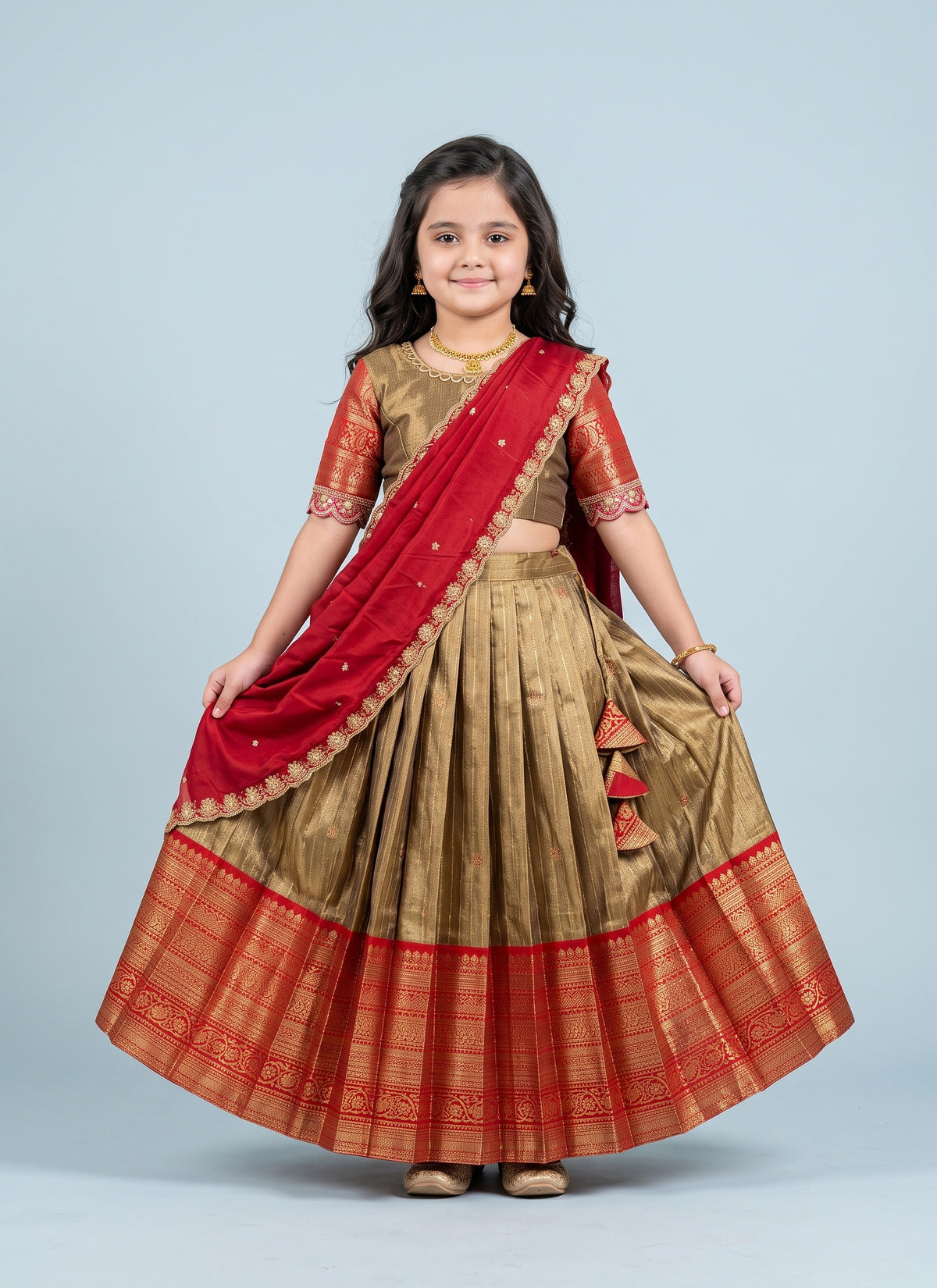 Diwali Pattu Lehenga for Girls – Zari Woven Silk with Contrast Border & Silk Dupatta Australia