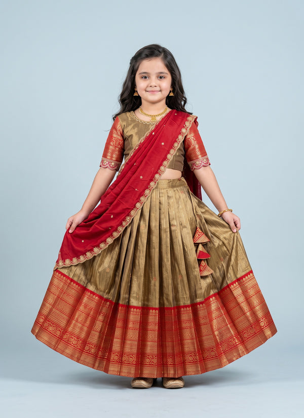 Gold and red pattu lehenga for girls with red silk dupatta draped half-saree style, front view