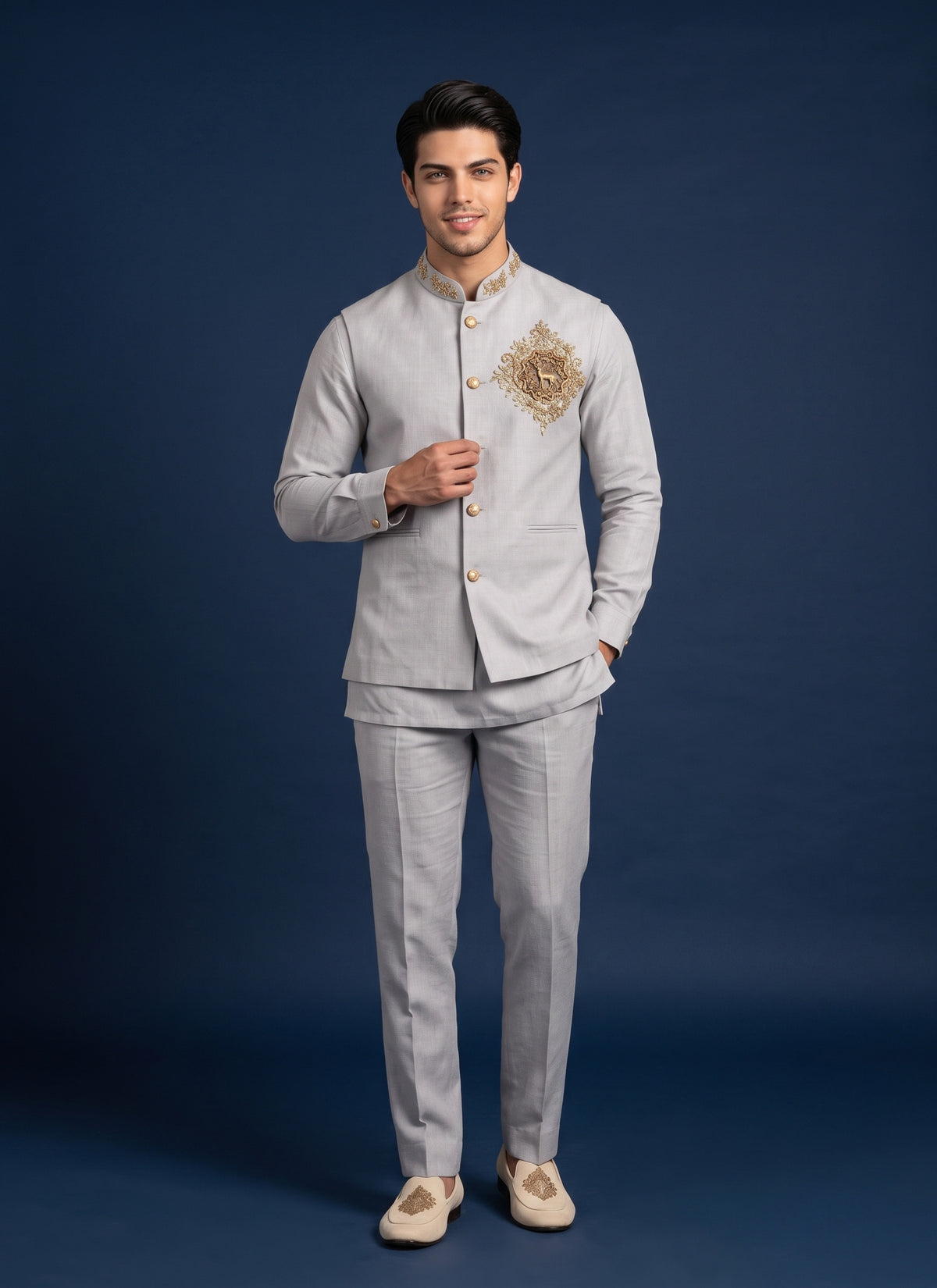 Diwali Linen Koti Set for Men – Handwork Brooch Koti, Shirt & Polo Pant Australia