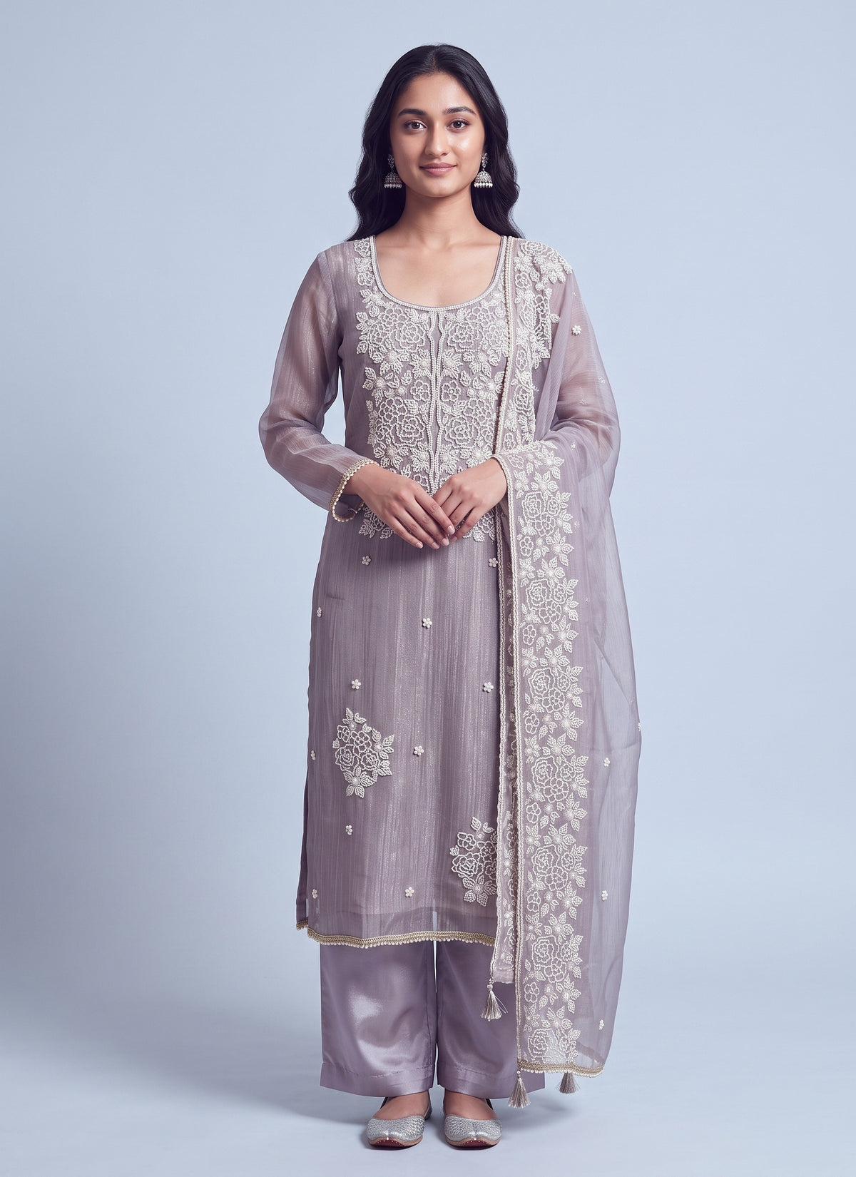 Diwali Mauve Pearl Work Salwar Suit – Tissue Silk with Handmade Moti Embroidery & Wide Pant Australia
