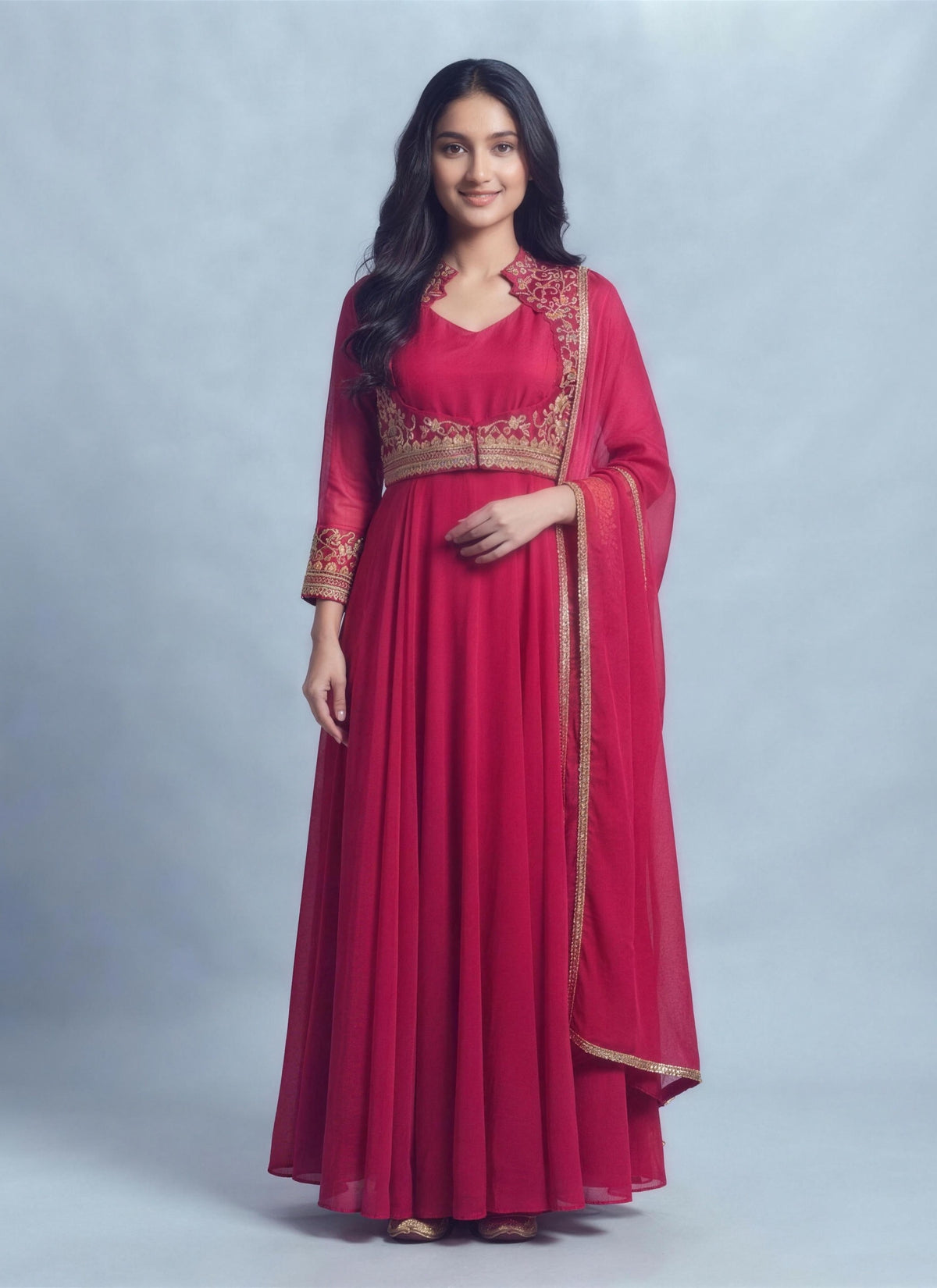 Diwali Georgette Anarkali Gown with Jacket – Zari Embroidered Koti & Dupatta Australia