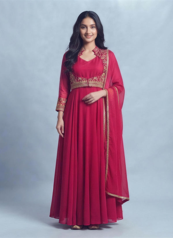 Pink georgette anarkali gown with gold embroidered jacket and dupatta, front view