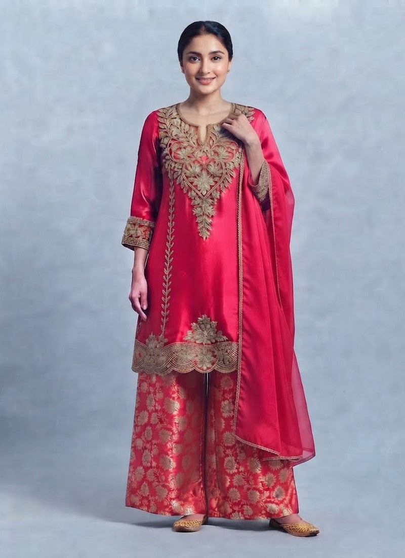 Diwali Jacquard Palazzo Suit – Embroidered Chinon Kurti & Chiffon Dupatta Australia
