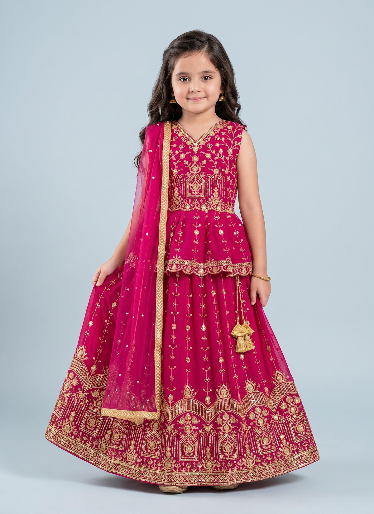 Diwali Rani Pink Peplum Lehenga for Girls – Gold Sequin Embroidery & Net Dupatta Australia