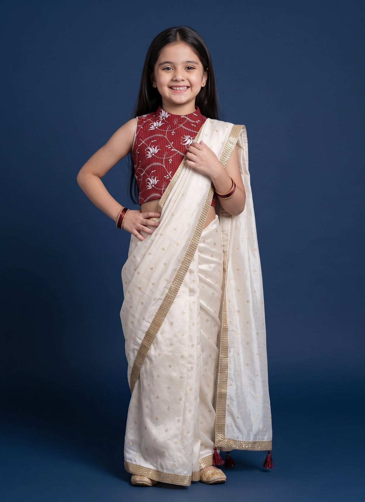 Diwali Ready to Wear Saree for Girls – Cream Gold Border Saree & Maroon Dola Silk Blouse Australia