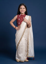 Diwali Ready to Wear Saree for Girls – Cream Gold Border Saree & Maroon Dola Silk Blouse 1