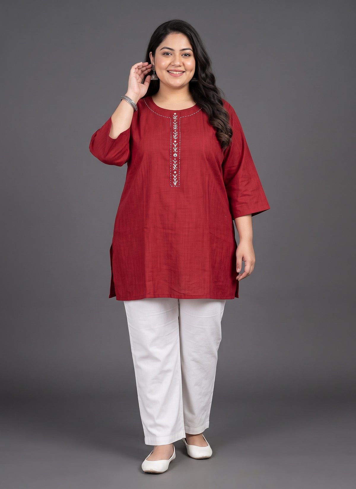 Diwali Red Plus Size Short Kurti – Mirror & Thread Embroidered Tunic (Size 50 to 56) Australia
