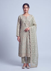 Diwali Tissue Silk Salwar Suit – Sage Green Handmade Rose Embroidery with Striped Dupatta 1