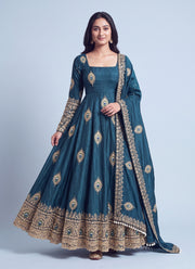 Diwali Peacock Anarkali Gown – Fendy Silk with Sequin Embroidery Dupatta & Pant 1