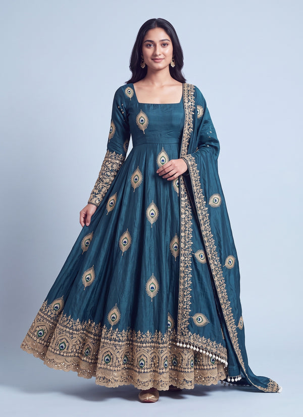 Teal peacock anarkali gown in fendy silk with peacock feather embroidery and sequin dupatta, front view
