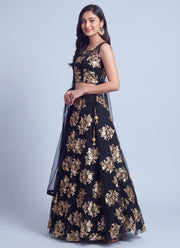 Diwali Black Net Lehenga Choli – Gold Sequin Floral Embroidery with Net Dupatta 2