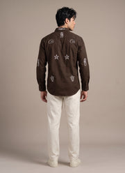 Brown Embroidered Shirt for Men – Cotton Full Sleeve with White Sea Motif Embroidery 4