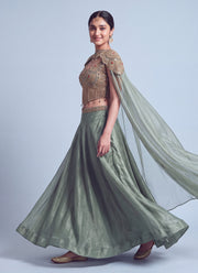 Diwali Cape Lehenga Choli – Gabana Skirt with Zari Stone Work Blouse & Attached Cape 2