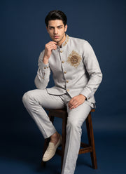 Diwali Linen Koti Set for Men – Handwork Brooch Koti, Shirt & Polo Pant 2