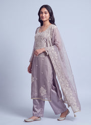 Diwali Mauve Pearl Work Salwar Suit – Tissue Silk with Handmade Moti Embroidery & Wide Pant 2