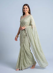 Diwali Crush Georgette Saree – Butti Embroidery, Scalloped Arka Border & Floral Print Blouse 2
