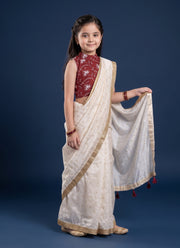 Diwali Ready to Wear Saree for Girls – Cream Gold Border Saree & Maroon Dola Silk Blouse 2