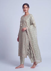 Diwali Tissue Silk Salwar Suit – Sage Green Handmade Rose Embroidery with Striped Dupatta 2