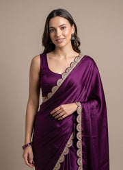 Diwali Wine Jimmy Choo Saree – Scalloped Zari Sequin Border & Blouse Piece 2