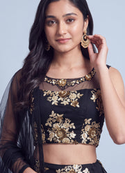 Diwali Black Net Lehenga Choli – Gold Sequin Floral Embroidery with Net Dupatta 3