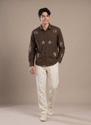 Brown Embroidered Shirt for Men – Cotton Full Sleeve with White Sea Motif Embroidery 5