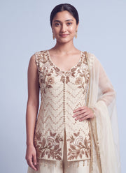 Diwali Sleeveless Kurti Palazzo Set – Salsa Fabric with Rose Embroidery & Organza Dupatta 3