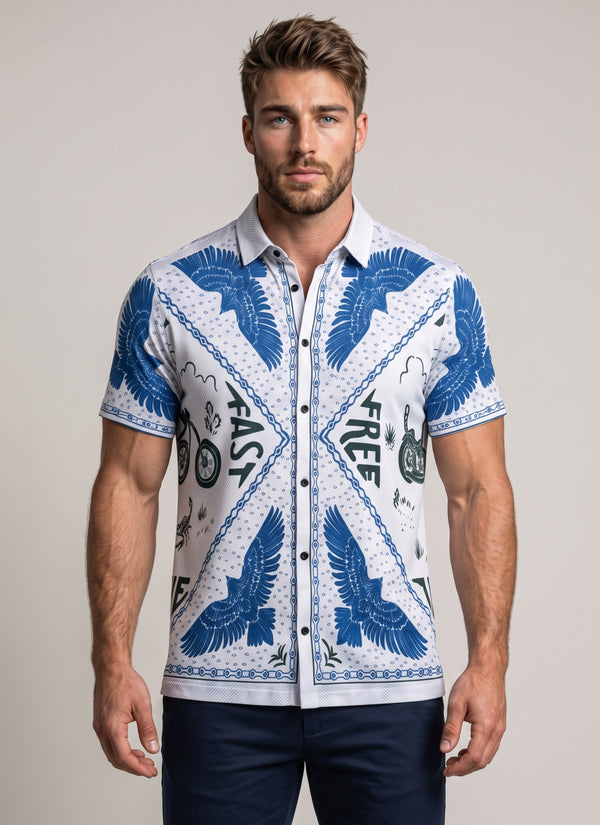 Close-up of the blue eagle and Fast Free print on the white shirt