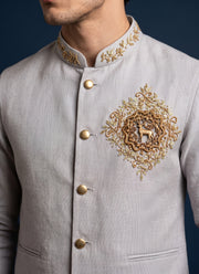 Diwali Linen Koti Set for Men – Handwork Brooch Koti, Shirt & Polo Pant 3