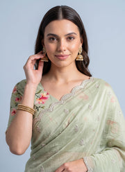 Diwali Crush Georgette Saree – Butti Embroidery, Scalloped Arka Border & Floral Print Blouse 3
