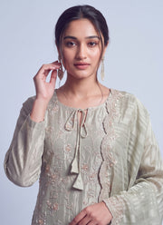 Diwali Tissue Silk Salwar Suit – Sage Green Handmade Rose Embroidery with Striped Dupatta 3