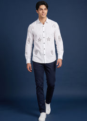White Embroidered Shirt for Men – Cotton Full Sleeve with Sea Motif Handwork 5