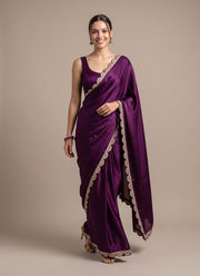 Diwali Wine Jimmy Choo Saree – Scalloped Zari Sequin Border & Blouse Piece 3