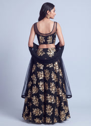 Diwali Black Net Lehenga Choli – Gold Sequin Floral Embroidery with Net Dupatta 4