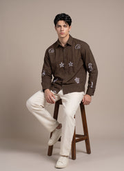 Brown Embroidered Shirt for Men – Cotton Full Sleeve with White Sea Motif Embroidery 3