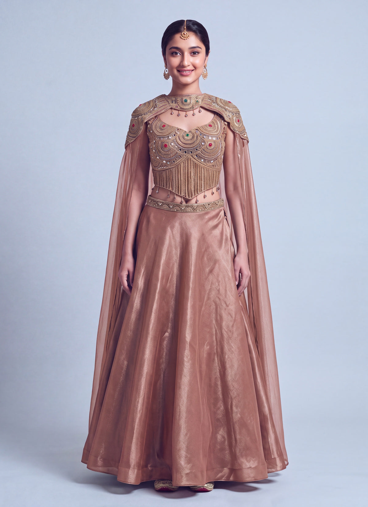 Diwali Cape Lehenga Choli – Gabana Skirt with Zari Stone Work Blouse & Attached Cape Australia
